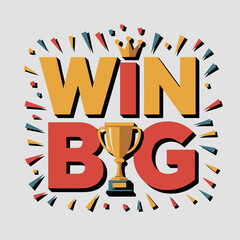Exciting win big message with a golden trophy and celebratory confetti bursting outwards on a light background symbolizing success and achievement in a competition or lottery