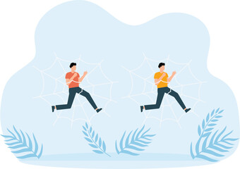 Man tangled in web. Business people stuck in cobweb, Difficult hopeless situation and Crisis in life and at work.
