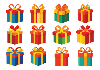 Collection of colorful gift boxes with ribbons and bows for holidays