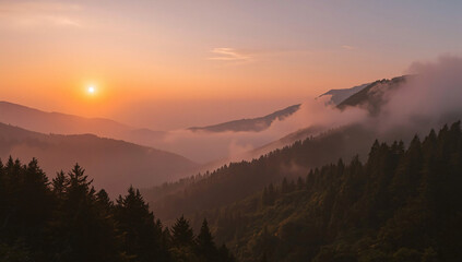 Obraz premium Golden Sunrise Over Misty Mountain Range with Rolling Fog and Pine Forests