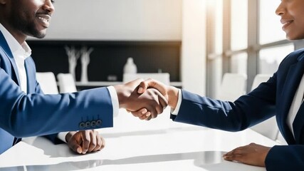 Diverse business professionals shaking hands in a bright, modern office setting, ideal for illustrating partnerships, negotiations, and successful collaborations in various corporate projects.