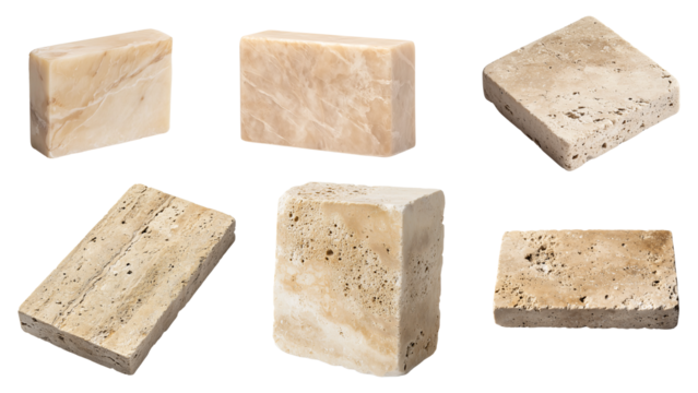 Six light beige travertine blocks are displayed on transparent background, showcasing varying textures and dimensions