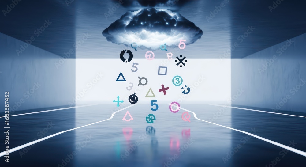 Poster abstract digital cloudscape with symbolic elements in a modern architectural space