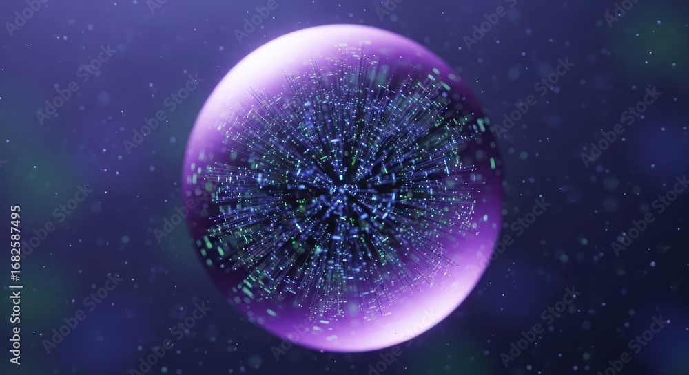 Poster abstract digital sphere with intricate light patterns and diffused background glow provides