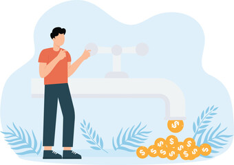 Cash flow and man opening money faucet. Making profit and wealthy rich businessman with passive income and investing. Business profit from successful strategy.
