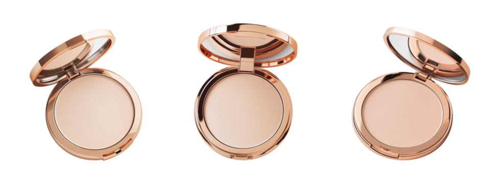 Set of compact powder in metal container with mirror in lid. Top view, catalog shot. Isolated element with clear even edge on transparent background