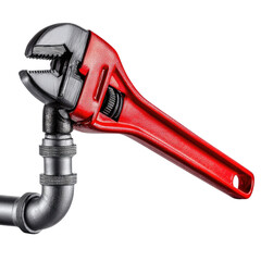 Red Adjustable Wrench with Metal Pipe Isolated on White Background for Plumbing and Repair Projects