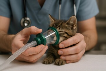 Veterinarian holding a kitten and giving oxygen with an oxygen mask during an emergency care in a veterinary clinic