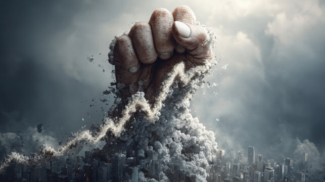 Powerful hand emerges from cityscape, symbolizing economic growth and strength