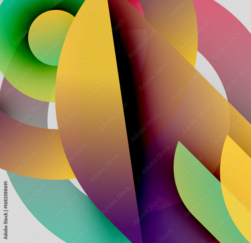 Poster abstract colorful shapes overlap, creating dynamic visual composition. gradients blend hues, offerin