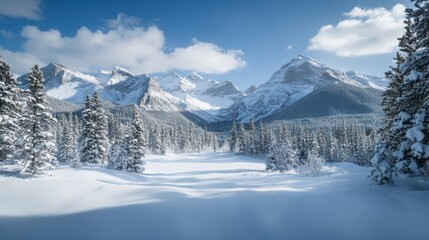 Snowy alpine valley with mountain range view
