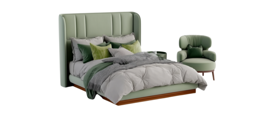 shaped bed with a grey velvet headboard and wooden frame, next to it is an armchair on wheels. in front of the bed, there's a chest full of pillows and blankets, set against a white background. this 3