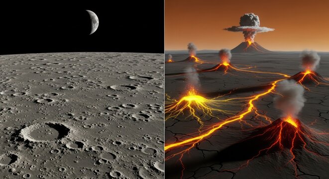 Lunar Landscape Contrasting with Volcanic Activity on Another Celestial Body