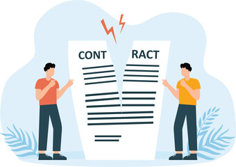 Two businessmen tear contract and business agreement in half. ending cooperation and relationships. conflict or misunderstanding and Angry men break documents.
