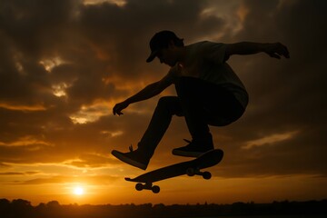 Silhouette of a young skateboarder performing a trick in the air at sunset, showcasing freedom and skill