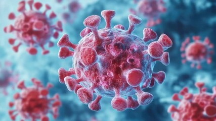 Microscopic view of coronavirus structure with red and blue proteins on surface. HMPV, Human metapneumovirus - Powered by Adobe