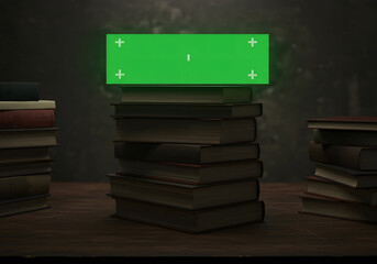 A stack of old, worn books on a dark wooden table, topped with a bright green screen rectangle for digital content insertion, surrounded by other book piles in a dimly lit, academic setting.