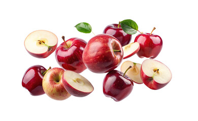 A vibrant arrangement of red apples and apple slices on a white background