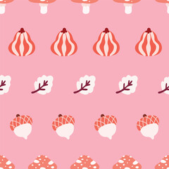 Pink Autumn Acorns Mushrooms Leaves Pattern
