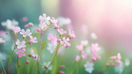 Fototapeta premium Spring sale background with delicate pink and white wildflowers in soft sunlight creating dreamy and fresh seasonal atmosphere perfect for promotions or advertisements