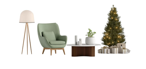  sofa, coffee table, and floor lamp with a cristmass tree  on a white background. scandinavian home interior design of a modern living room for a mockup stock photo. minimalist furniture, elegant