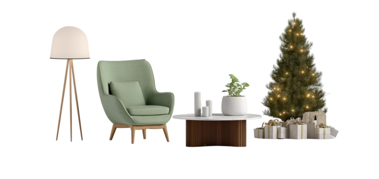  sofa, coffee table, and floor lamp with a cristmass tree  on a white background. scandinavian home interior design of a modern living room for a mockup stock photo. minimalist furniture, elegant