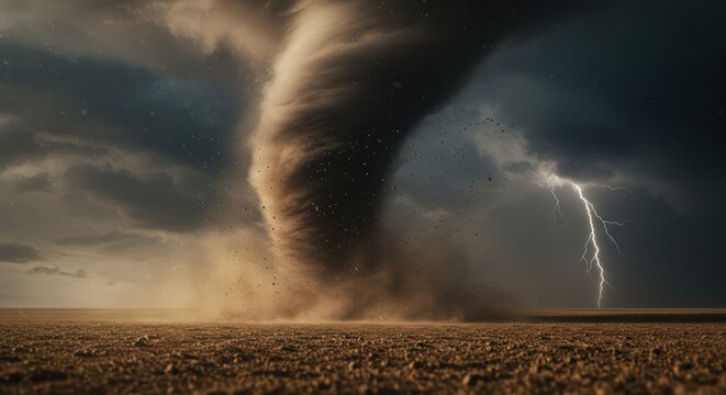 Close-up of a tornado's funnel cloud at ground level, a swirling vortex of dirt and debris.