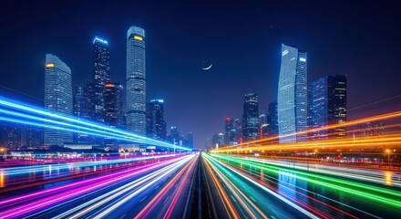 Fototapeta premium Illuminated cityscape showcasing vibrant streaks of light and modern architecture at night