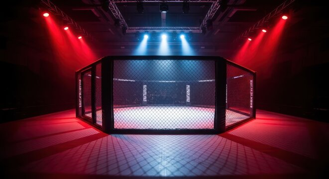 Illuminated octagon cage arena with red and blue stage lighting ready for action