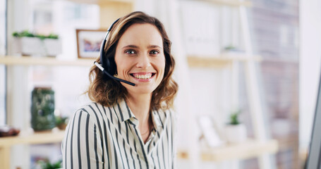 Woman, consultant and portrait with headset at call center for communication or online assistance....