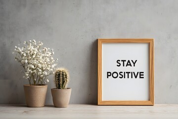 Stay positive framed quote on minimalist desk with plants.