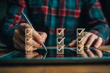 Online survey and assessment interface with interactive checkboxes and digital forms, perfect for e-learning, user feedback, and remote evaluations in a modern virtual workspace.