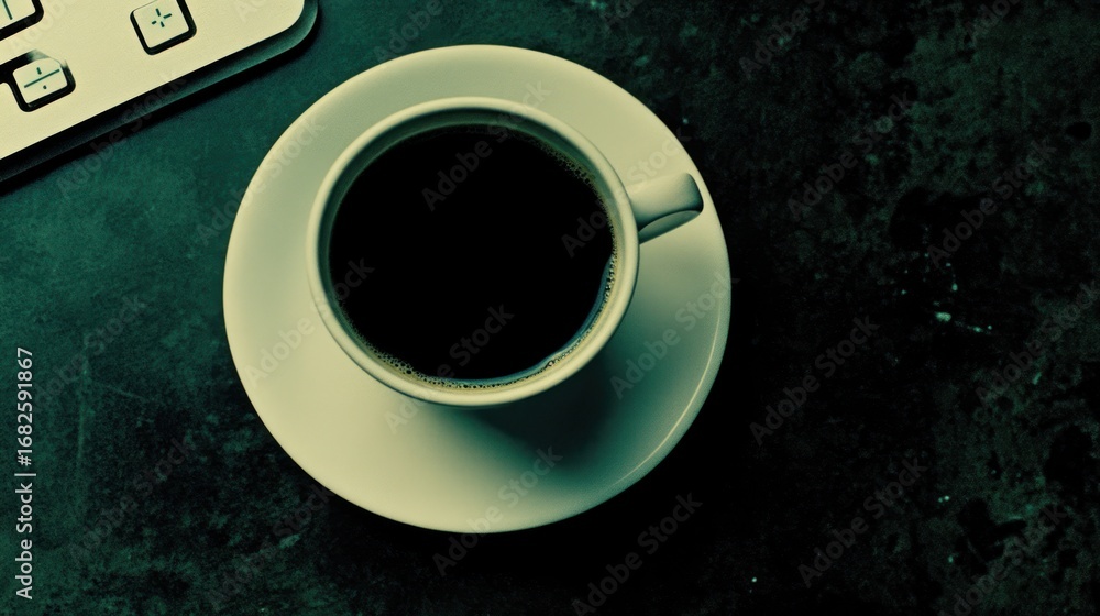 Poster top view of a cup of black coffee on a saucer with a keyboard fragment, a workspace concept