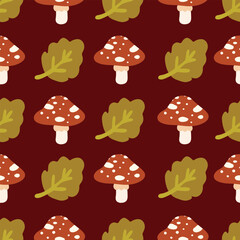 Autumn Mushrooms with Green Leaves Pattern