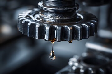 Close-up of industrial gear with oil dripping in mechanical system.