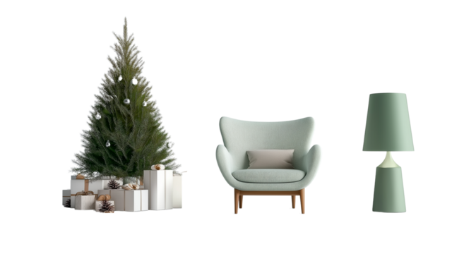  sofa, coffee table, and floor lamp with a cristmass tree  on a white background. scandinavian home interior design of a modern living room for a mockup stock photo. minimalist furniture, elegant