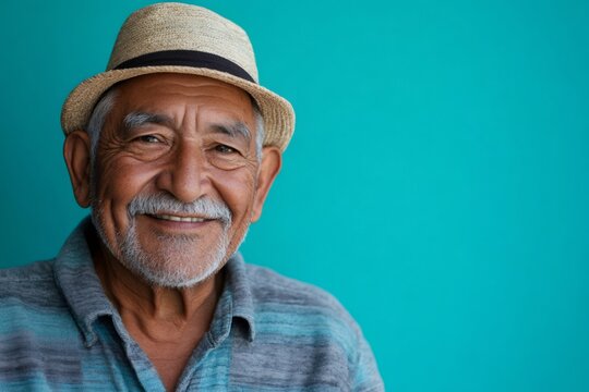 Portrait of a cheerful confident hispanic senior man wearing a straw hat smiling on a turquoise background