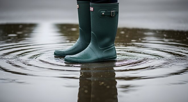 green rain boots standing in water puddle - Powered by Adobe