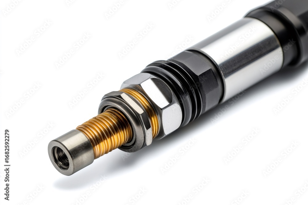 Poster detailed view of a fuel injector highlighting precision engineering and complex internal components,