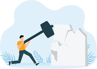 People destroying walls and Employees and businessmen overcome obstacles and persons break barriers and glass and concrete and bricks concept
