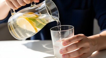pouring refreshing lemon water into glass