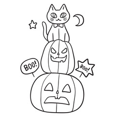 Halloween Cat Sitting on Pumpkins Illustration.