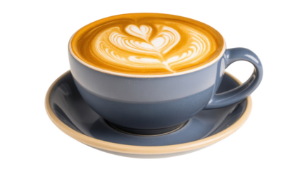 Beautiful Latte Art with Hearts in Blue Cup on Transparent Background