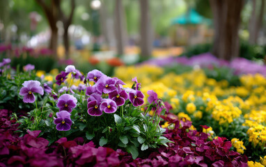 Obraz premium Spring sale background with vibrant purple pansies and yellow flowers blooming in lush garden, creating cheerful and colorful outdoor scene perfect for seasonal promotions