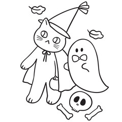 Cute Halloween Cat and Ghost Illustration.