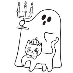 Cute Ghost with Cat and Candlestick Illustration.