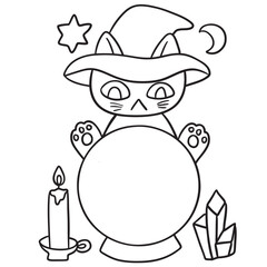 Cartoon Cat Wizard With Crystal Ball.