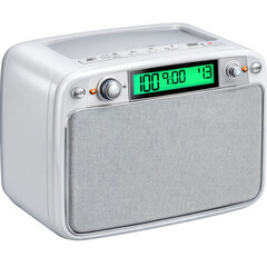 Fototapeta premium Modern digital clock radio with clear display, adjustable volume, and sleek design for any bedroom or living space