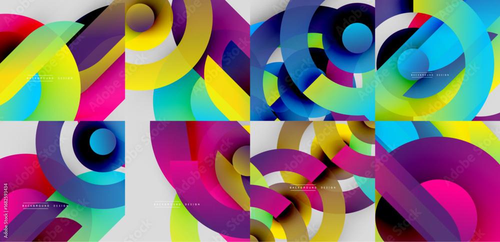 Poster abstract colorful designs. overlapping shapes create dynamic compositions. vibrant gradients, modern