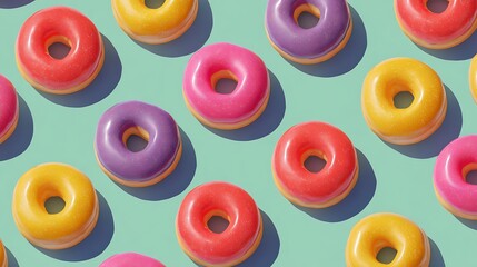 Fototapeta premium Pink and Chocolate Glazed Donuts on Mint Green Background
